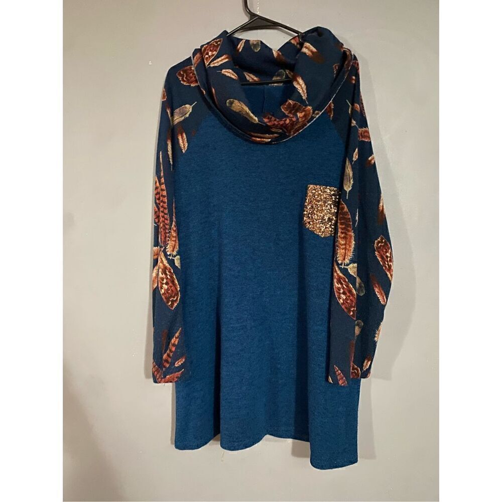 Boutique Glitter Feather Blue Long Sleeve Cowl Neck Tunic Dress Top 3X